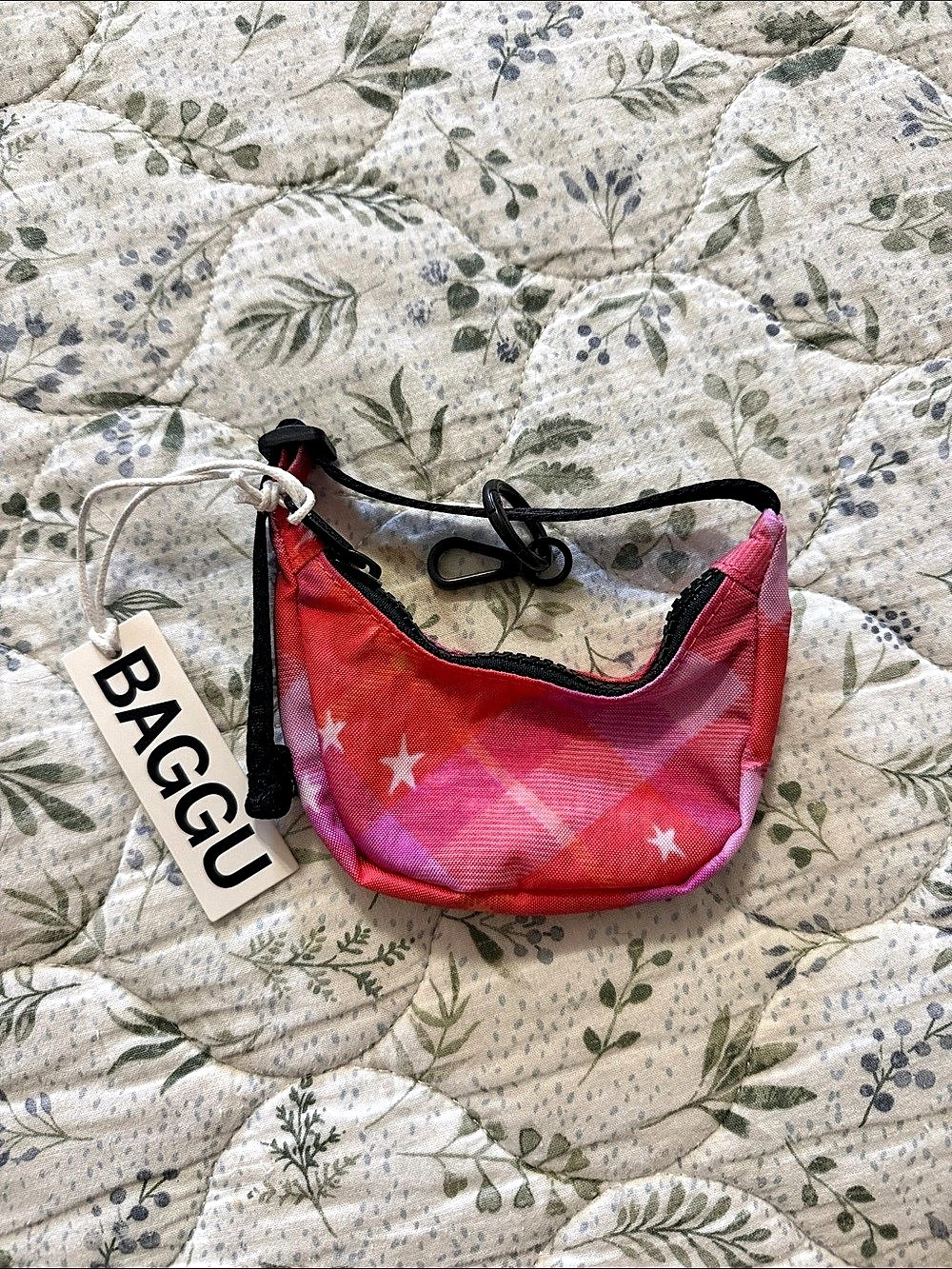 Baggu Crescent Bag Charm Pink Star Plaid NWT